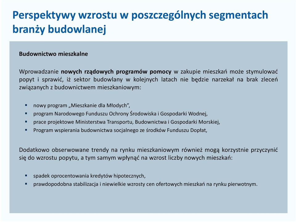 Gospodarki Wodnej, prace projektowe Ministerstwa Transportu, Budownictwa i Gospodarki Morskiej, Program wspierania budownictwa socjalnego ze środków Funduszu Dopłat, Dodatkowo obserwowane trendy na