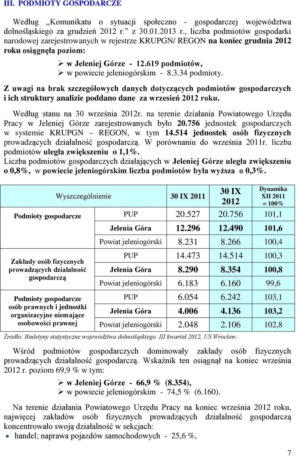 34 podmioty. Z uwagi na brak szczegółowych danych dotyczących podmiotów gospodarczych i ich struktury analizie poddano dane za wrzesień 2012 roku. Według stanu na 30 września 2012r.