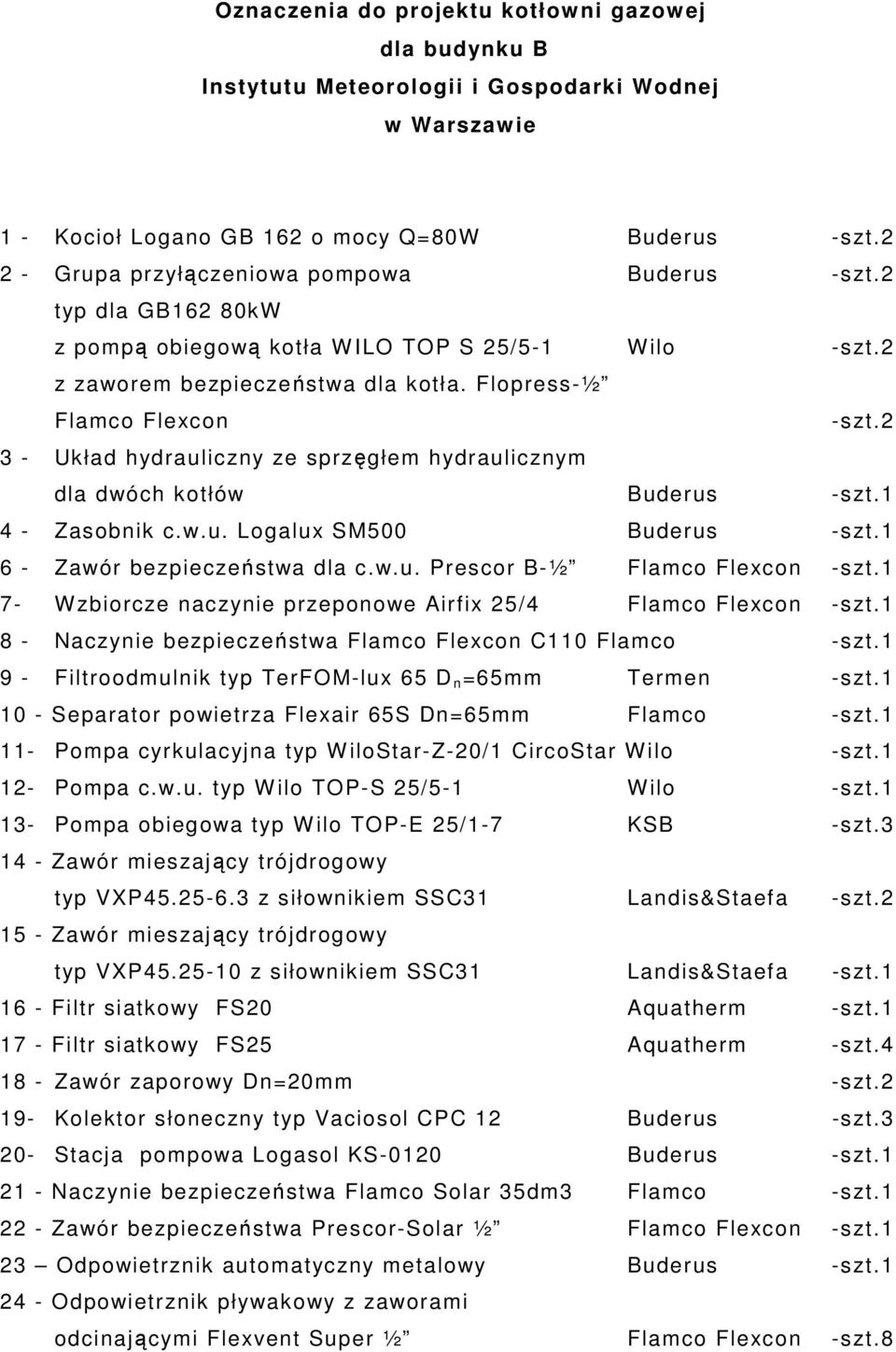 2 3 - Układ hydrauliczny ze sprzęgłem hydraulicznym dla dwóch kotłów Buderus -szt.1 4 - Zasobnik c.w.u. Logalux SM500 Buderus -szt.1 6 - Zawór bezpieczeństwa dla c.w.u. Prescor B-½ Flamco Flexcon -szt.