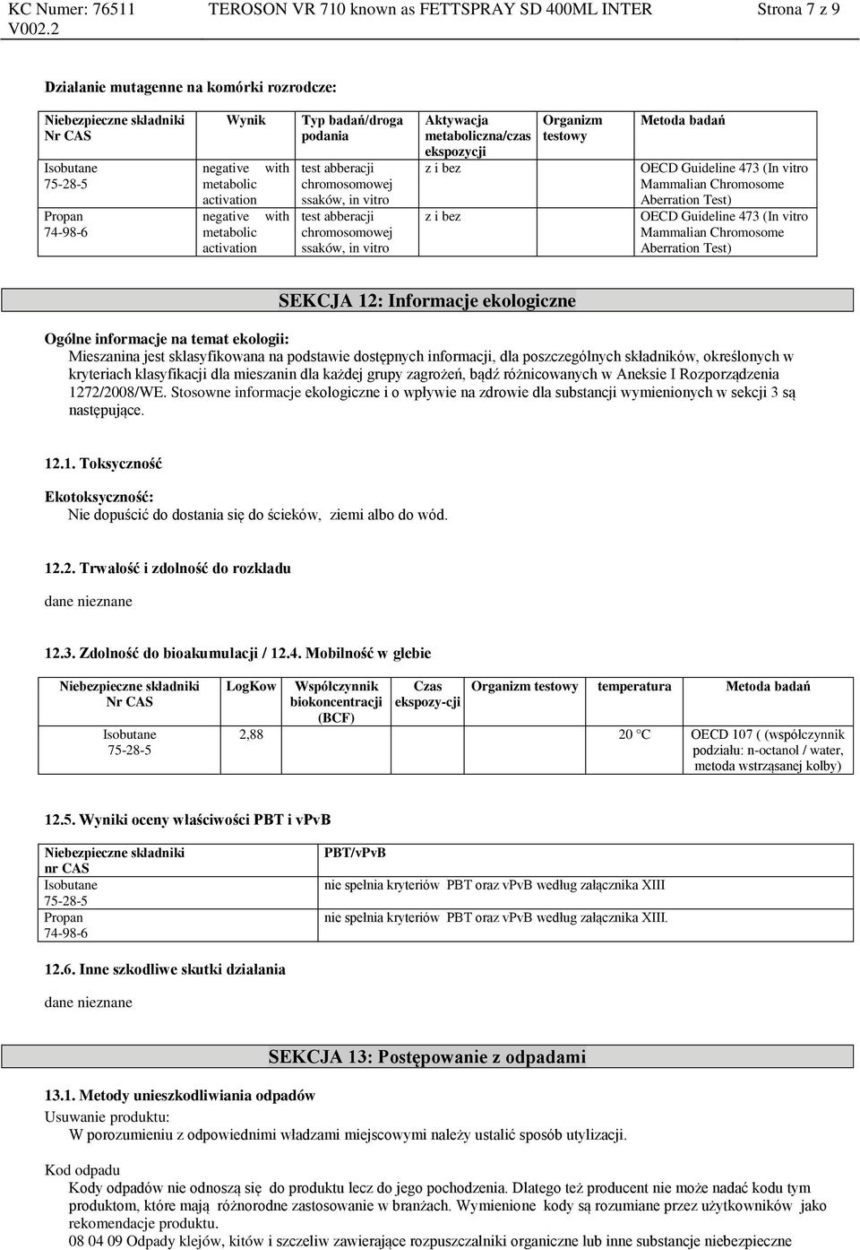 473 (In vitro Mammalian Chromosome Aberration Test) OECD Guideline 473 (In vitro Mammalian Chromosome Aberration Test) SEKCJA 12: Informacje ekologiczne Ogólne informacje na temat ekologii: