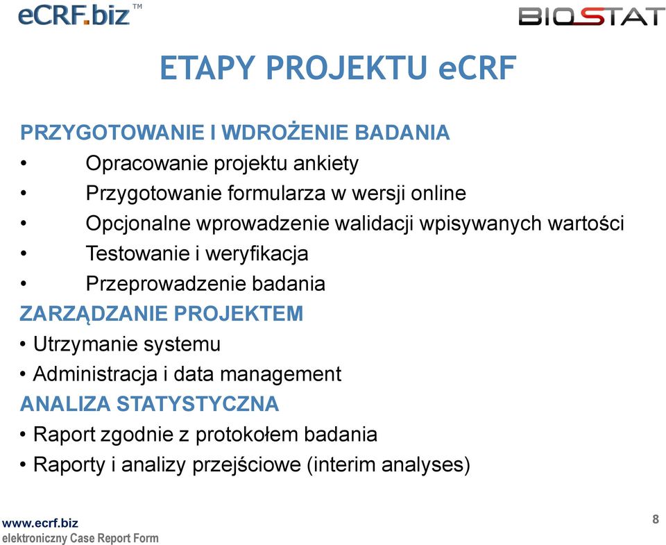 weryfikacja Przeprowadzenie badania ZARZĄDZANIE PROJEKTEM Utrzymanie systemu Administracja i data