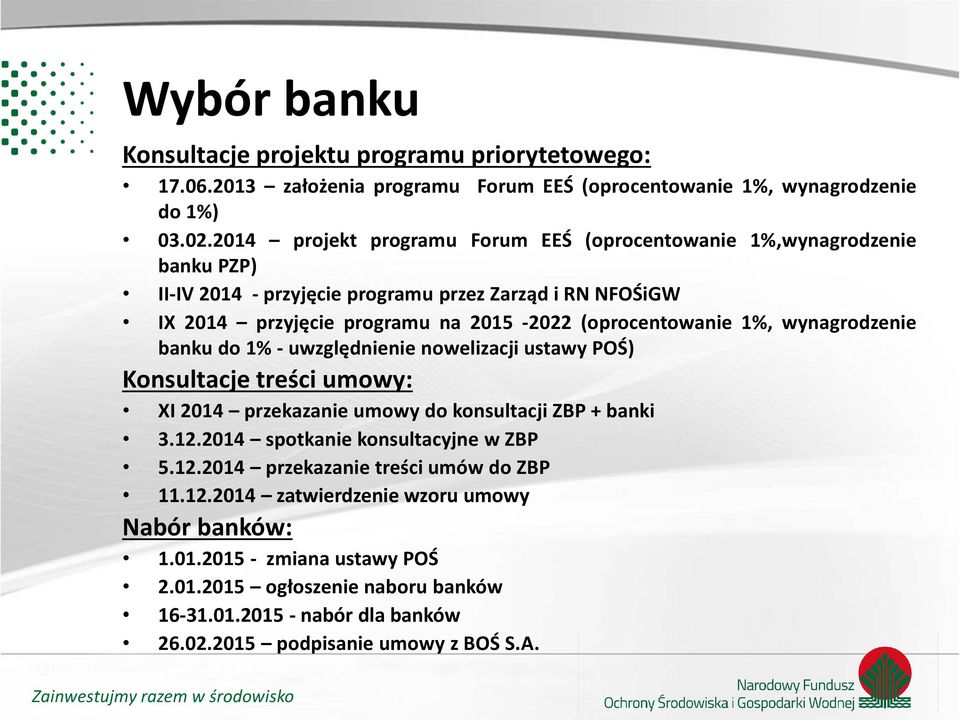 (oprocentowanie 1%, wynagrodzenie banku do 1% - uwzględnienie nowelizacji ustawy POŚ) Konsultacje treści umowy: XI 2014 przekazanie umowy do konsultacji ZBP + banki 3.12.