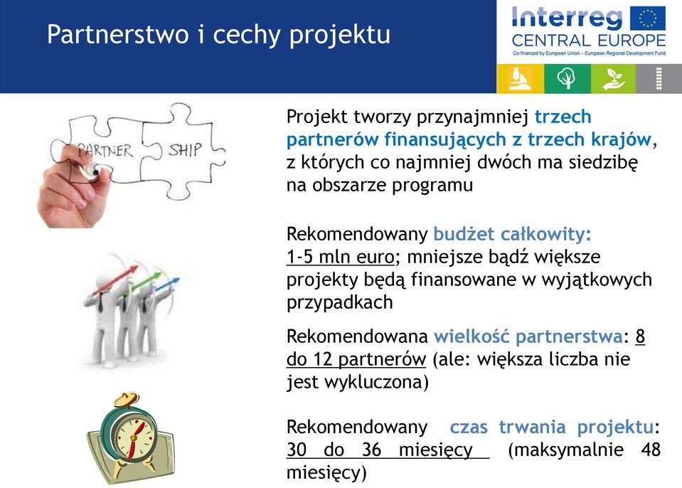 większe projekty będą finansowane w wyjątkowych przypadkach Rekomendowana wielkość partnerstwa: 8 do 12 partnerów