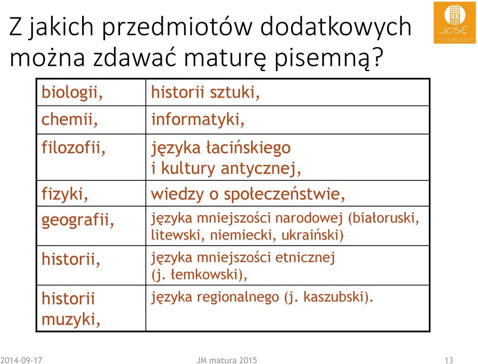 informatyki, języka łacińskiego i kultury antycznej, wiedzy o społeczeństwie, języka mniejszości