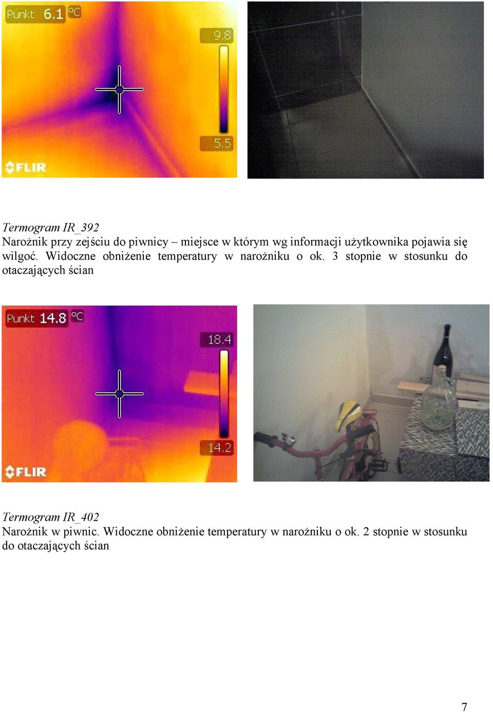 3 stopnie w stosunku do otaczających ścian Termogram IR_402 NaroŜnik w piwnic.