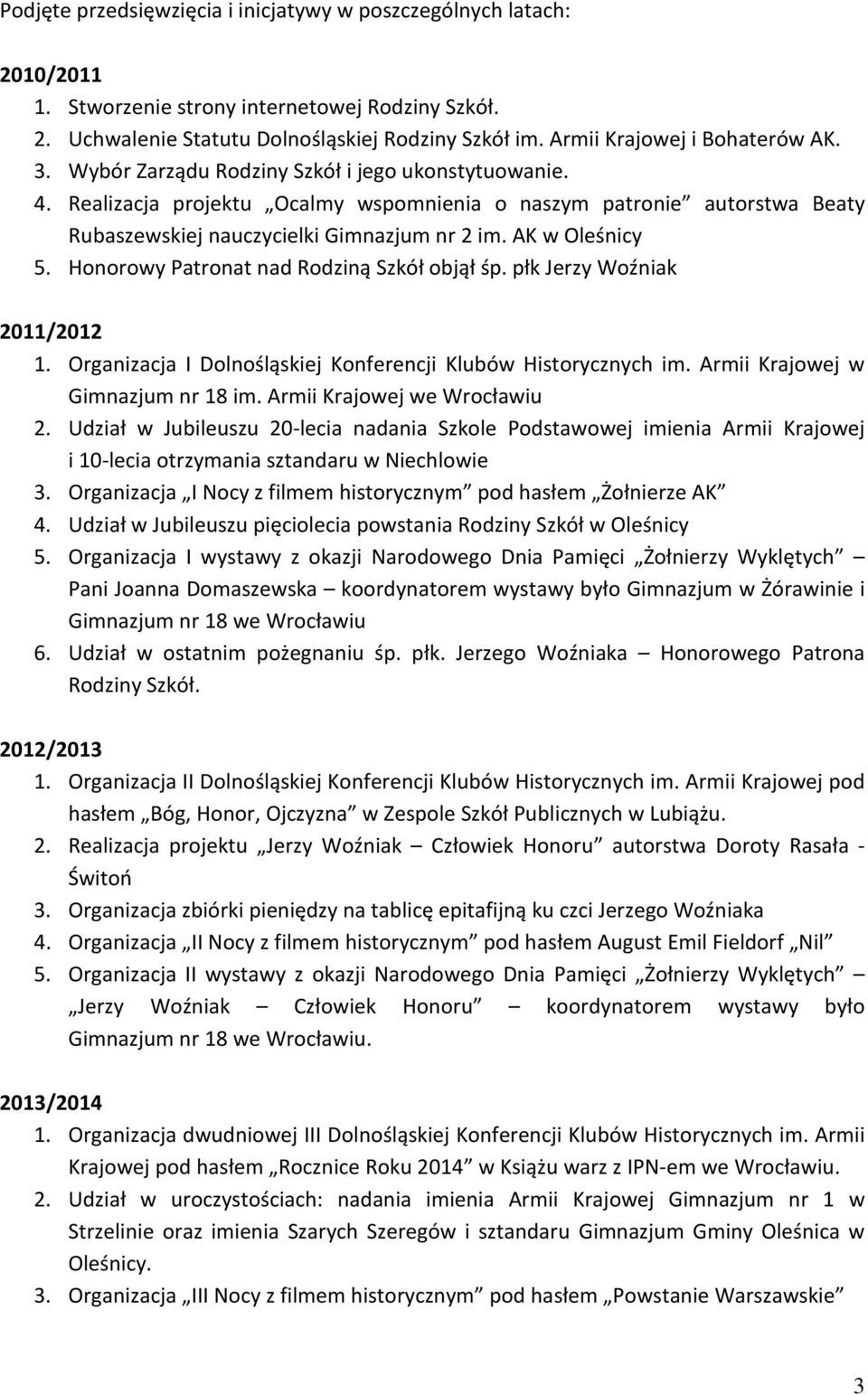 Realizacja projektu Ocalmy wspomnienia o naszym patronie autorstwa Beaty Rubaszewskiej nauczycielki Gimnazjum nr 2 im. AK w Oleśnicy 5. Honorowy Patronat nad Rodziną Szkół objął śp.