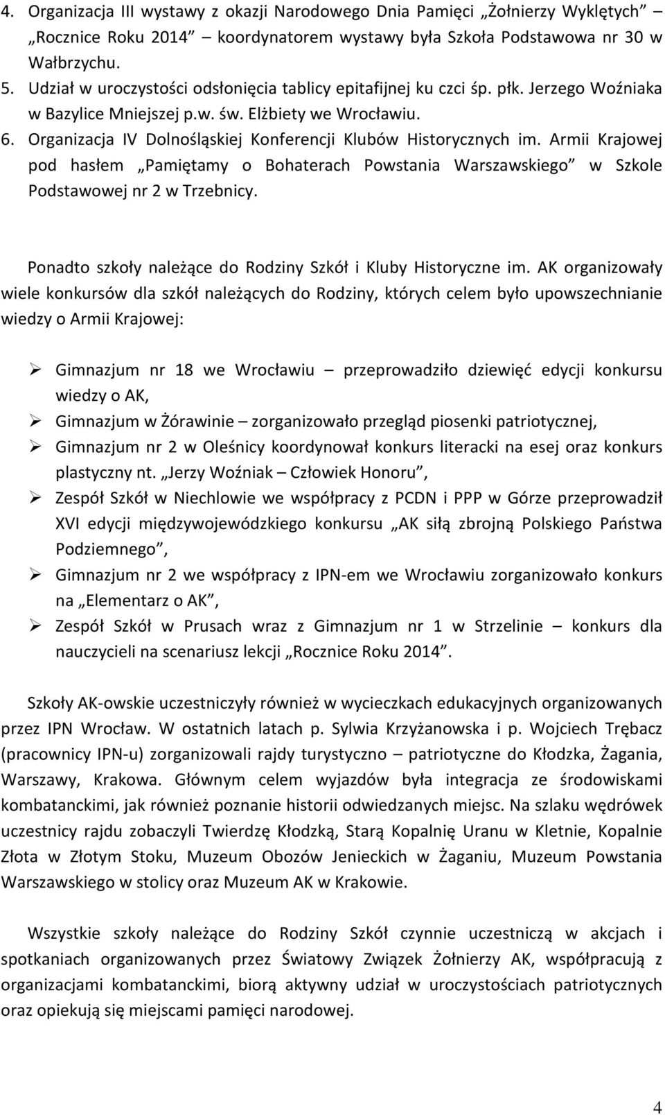 Organizacja IV Dolnośląskiej Konferencji Klubów Historycznych im. Armii Krajowej pod hasłem Pamiętamy o Bohaterach Powstania Warszawskiego w Szkole Podstawowej nr 2 w Trzebnicy.
