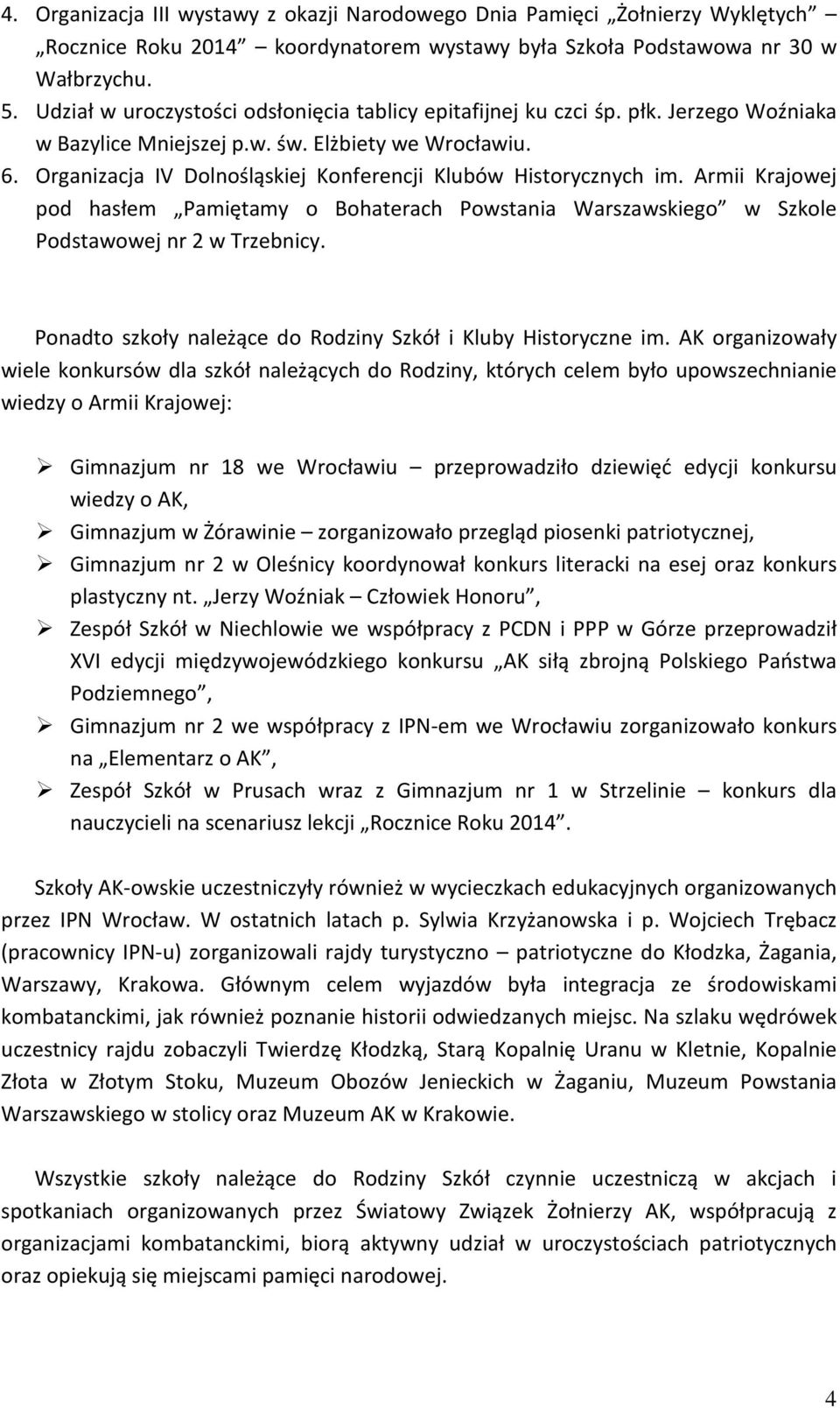 Organizacja IV Dolnośląskiej Konferencji Klubów Historycznych im. Armii Krajowej pod hasłem Pamiętamy o Bohaterach Powstania Warszawskiego w Szkole Podstawowej nr 2 w Trzebnicy.