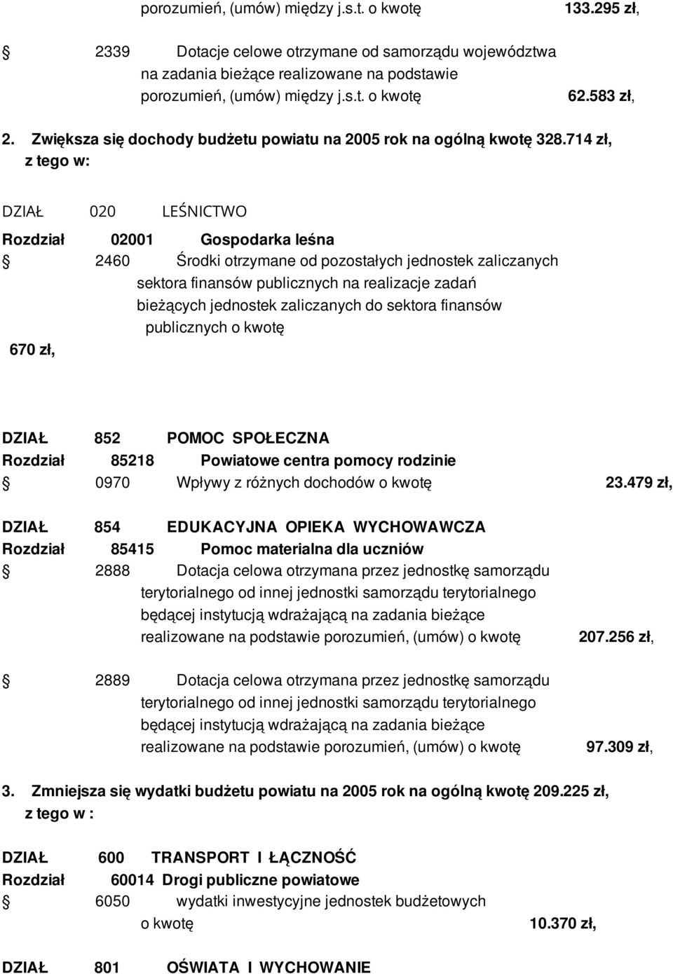 714 zł, z tego w: DZIAŁ 020 LEŚNICTWO Rozdział 02001 Gospodarka leśna 2460 Środki otrzymane od pozostałych jednostek zaliczanych sektora finansów publicznych na realizacje zadań bieżących jednostek