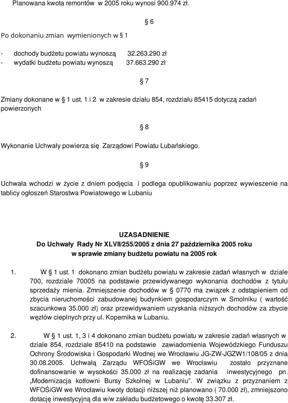 9 Uchwała wchodzi w życie z dniem podjęcia i podlega opublikowaniu poprzez wywieszenie na tablicy ogłoszeń Starostwa Powiatowego w Lubaniu UZASADNIENIE Do Uchwały Rady Nr XLVII/255/2005 z dnia 27