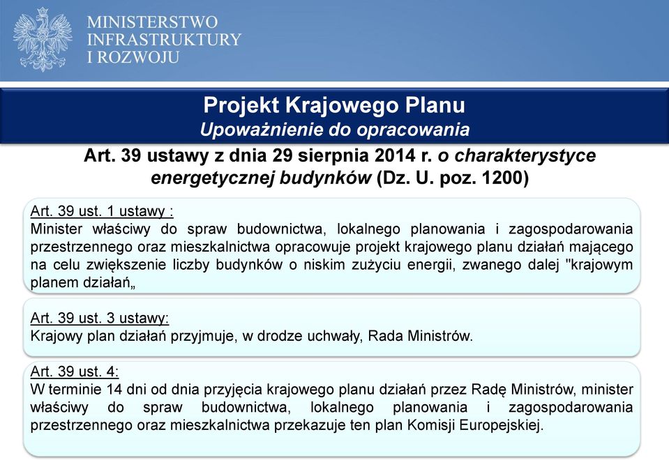 1 ustawy : Minister właściwy do spraw budownictwa, lokalnego planowania i zagospodarowania przestrzennego oraz mieszkalnictwa opracowuje projekt krajowego planu działań mającego na celu