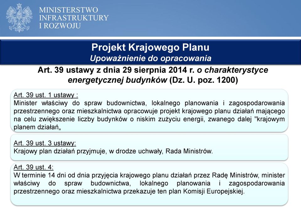 1 ustawy : Minister właściwy do spraw budownictwa, lokalnego planowania i zagospodarowania przestrzennego oraz mieszkalnictwa opracowuje projekt krajowego planu działań mającego na celu