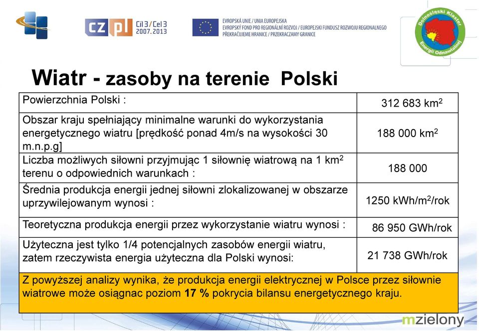 g] Liczba możliwych siłowni przyjmując 1 siłownię wiatrową na 1 km 2 terenu o odpowiednich warunkach : 188 000 Średnia produkcja energii jednej siłowni zlokalizowanej w obszarze uprzywilejowanym