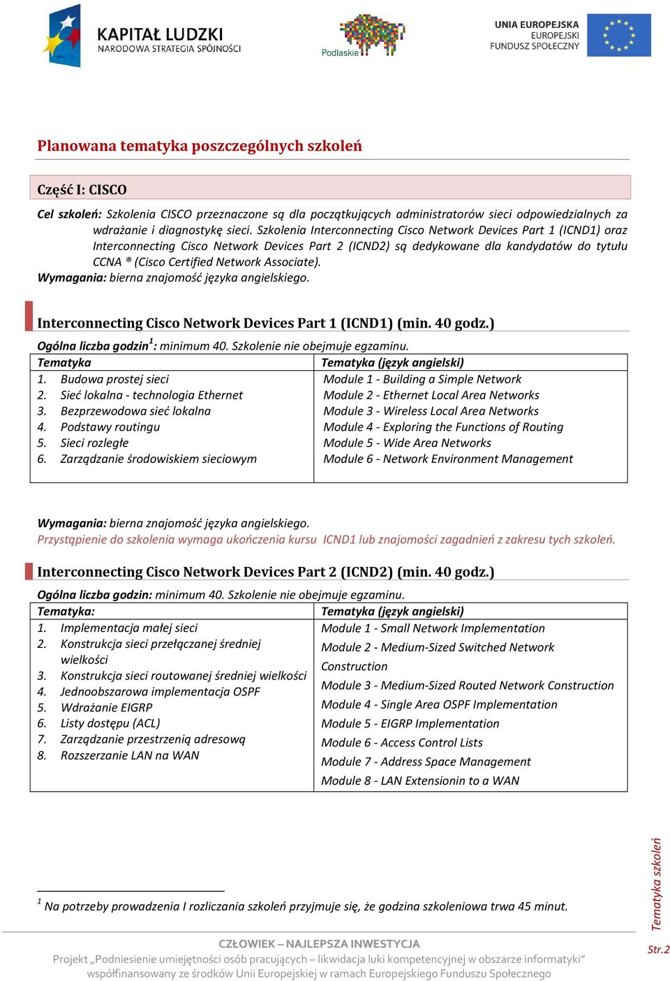 Associate). Wymagania: bierna znajomość języka angielskiego. Interconnecting Cisco Network Devices Part 1 (ICND1) (min. 40 godz.) Ogólna liczba godzin 1 : minimum 40. Szkolenie nie obejmuje egzaminu.