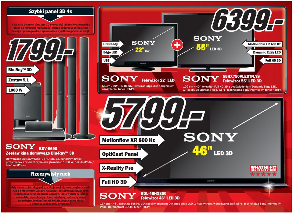 separacją obrazów dla lewego i prawego oka, zapewniający wyjątkową płynność akcji. HD Ready Edge LED 22" LED 55" LED 3D Motionflow XR 400 Hz Dynamic Edge LED USB Blu-Ray 3D Zestaw 5.