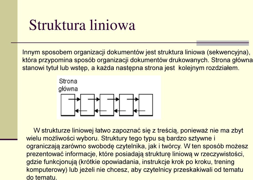 W strukturze liniowej łatwo zapoznać się z treścią, ponieważ nie ma zbyt wielu możliwości wyboru.