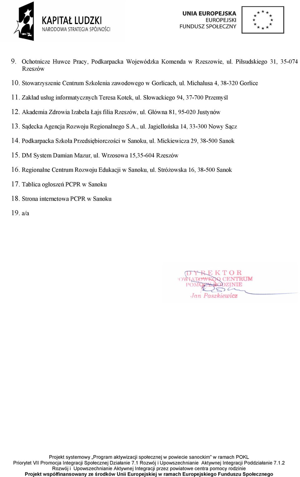 Główna 8, 95-00 Justynów. Sądecka Agencja Rozwoju Regionalnego S.A., ul. Jagiellońska, -00 Nowy Sącz. Podkarpacka Szkoła Przedsiębiorczości w Sanoku, ul. Mickiewicza 9, 5.