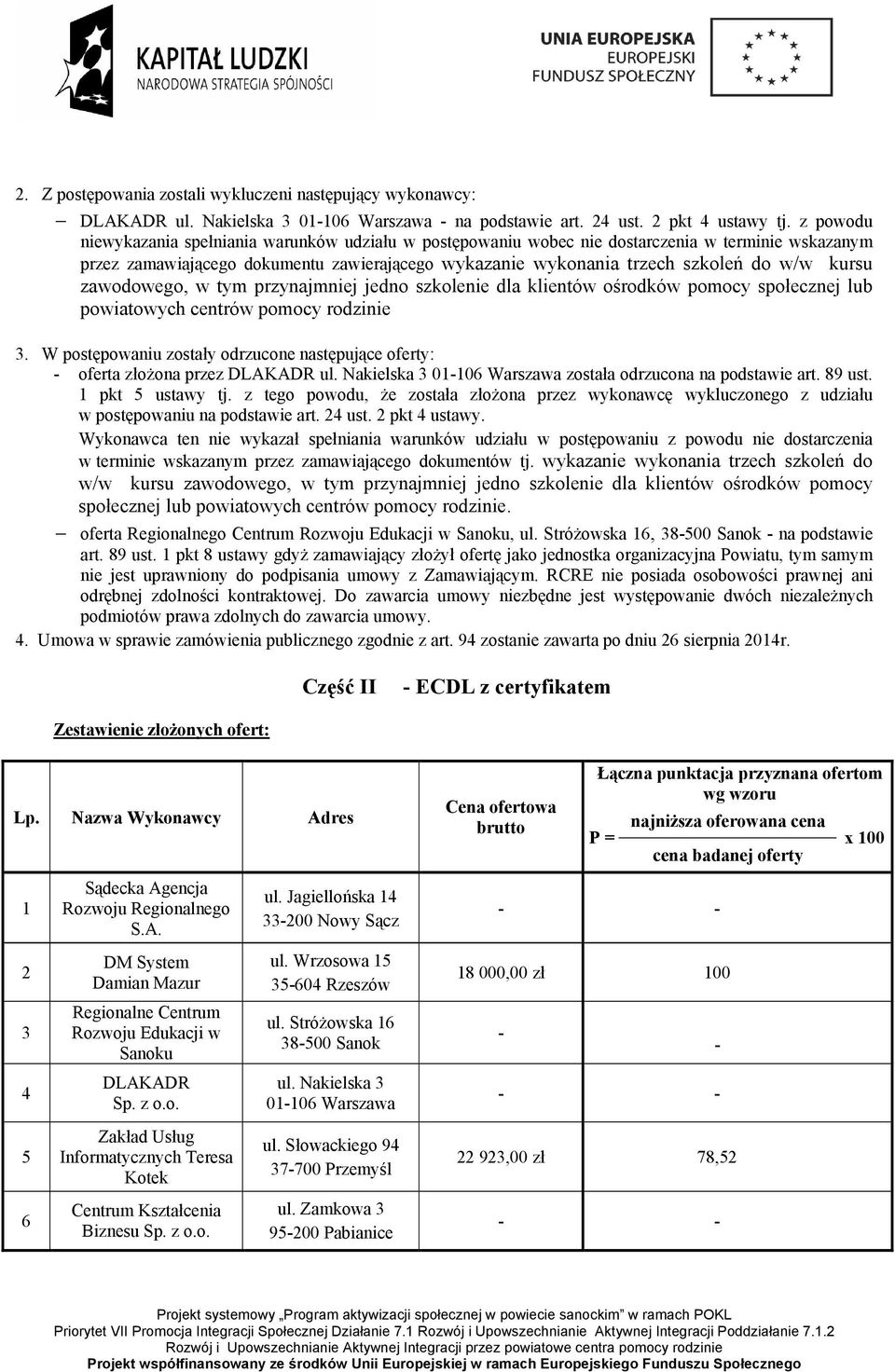 kursu zawodowego, w tym przynajmniej jedno szkolenie dla klientów ośrodków pomocy społecznej lub powiatowych centrów pomocy rodzinie.