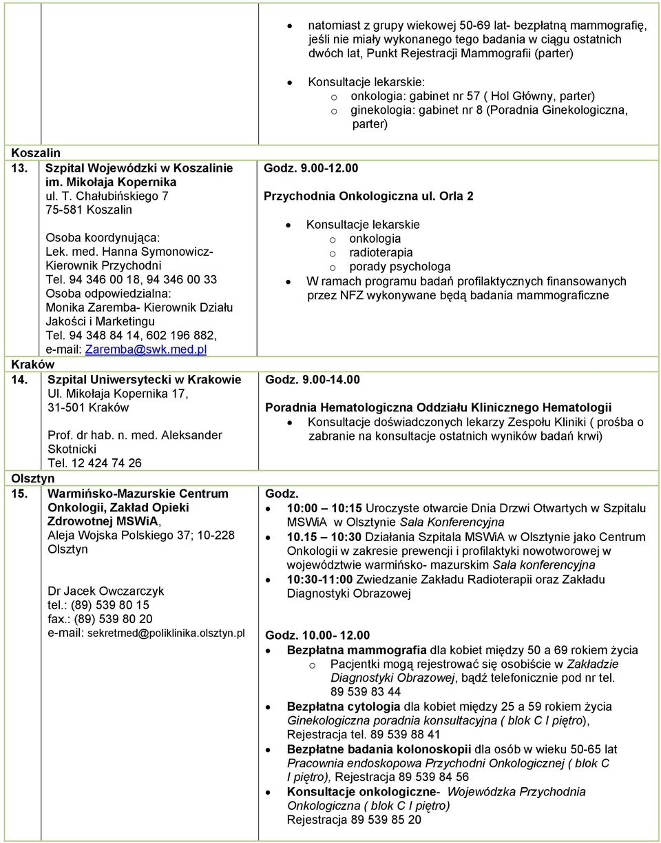 Chałubińskieg 7 75-581 Kszalin Osba krdynująca: Lek. med. Hanna Symnwicz- Kierwnik Przychdni Tel. 94 346 00 18, 94 346 00 33 Osba dpwiedzialna: Mnika Zaremba- Kierwnik Działu Jakści i Marketingu Tel.