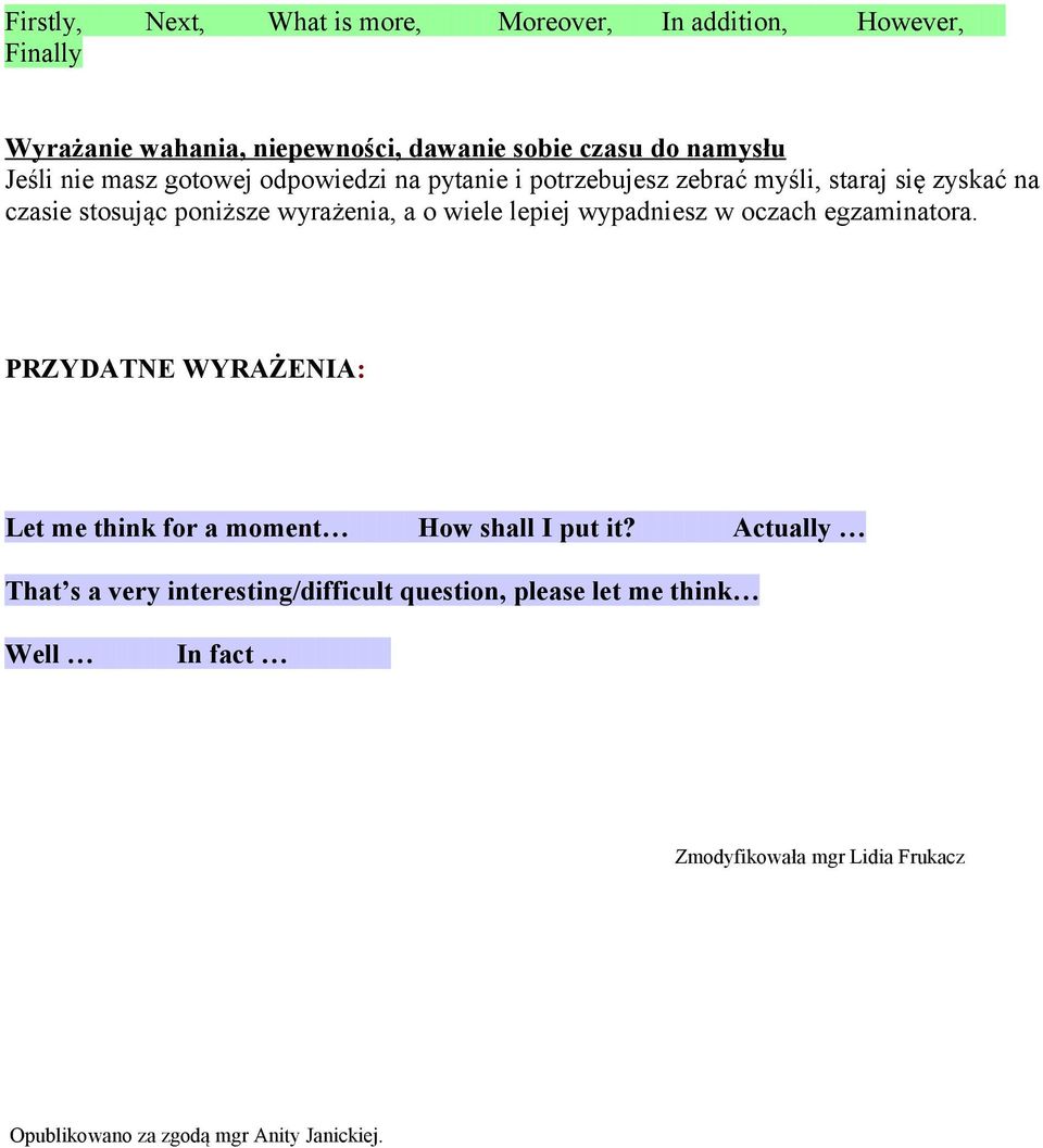 wiele lepiej wypadniesz w oczach egzaminatora. PRZYDATNE WYRAŻENIA: Let me think for a moment How shall I put it?