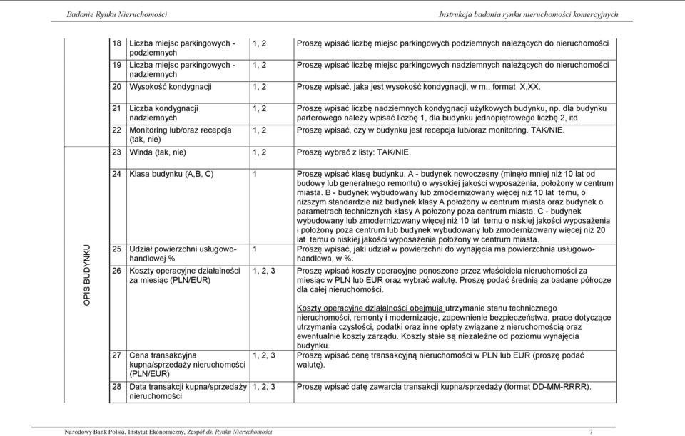 21 Liczba kondygnacji nadziemnych 22 Monitoring lub/oraz recepcja (tak, nie) 1, 2 Proszę wpisać liczbę nadziemnych kondygnacji użytkowych budynku, np.