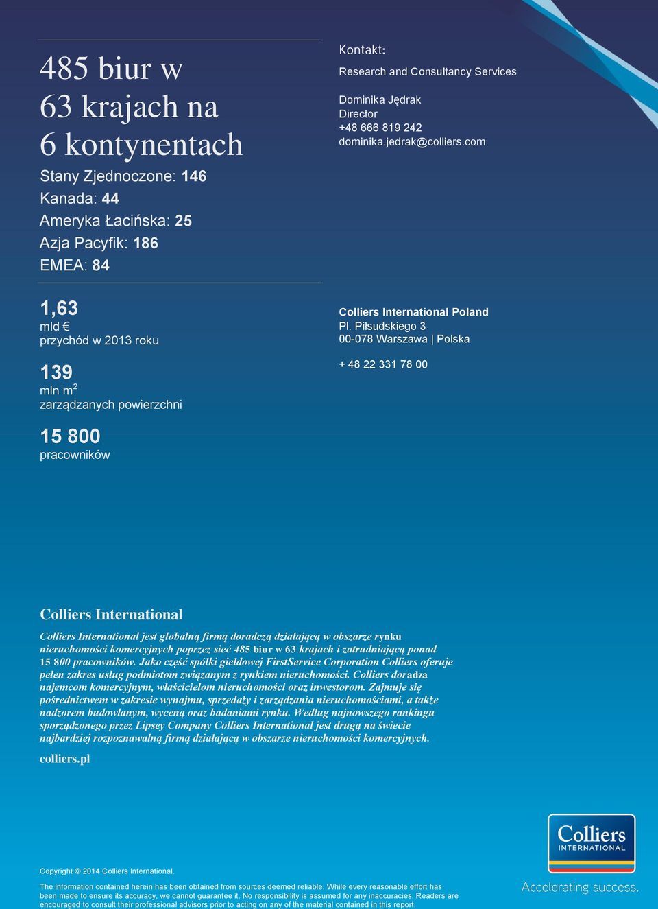 Piłsudskiego 3 00-078 Warszawa Polska + 48 22 331 78 00 15 800 pracowników Colliers International Colliers International jest globalną firmą doradczą działającą w obszarze rynku nieruchomości