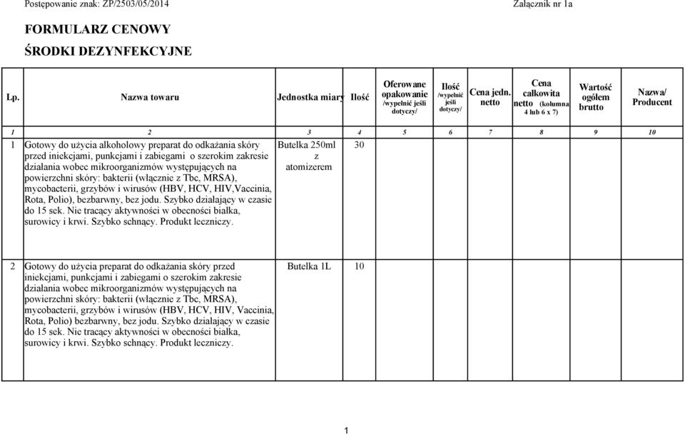 netto Cena całkowita netto (kolumna 4 lub 6 x 7) Wartość ogółem brutto Nazwa/ Producent 1 2 3 4 5 6 7 8 9 10 1 Gotowy do użycia alkoholowy preparat do odkażania skóry Butelka 250ml 30 przed