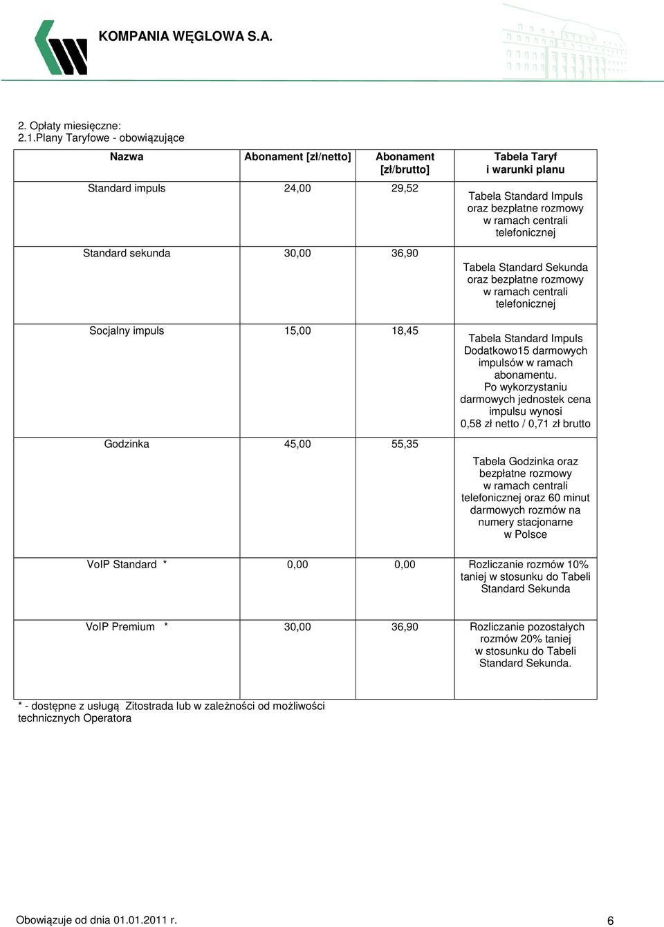 planu Tabela Standard Impuls oraz bezpłatne rozmowy w ramach centrali telefonicznej Tabela Standard Sekunda oraz bezpłatne rozmowy w ramach centrali telefonicznej Tabela Standard Impuls Dodatkowo15