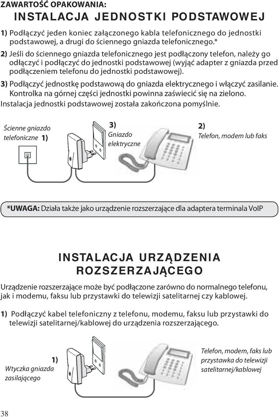 podstawowej). 3) Podłączyć jednostkę podstawową do gniazda elektrycznego i włączyć zasilanie. Kontrolka na górnej części jednostki powinna zaświecić się na zielono.