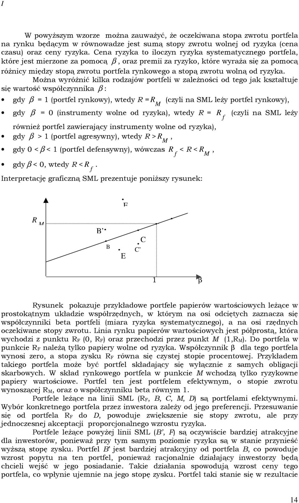MoŜa wyróŝć klka rodzajów porfl w zalŝośc od go jak kszałuj sę warość współczyka β : gdy β = (porfl rykowy), wdy R = R (czyl a SML lŝy porfl rykowy), M gdy β = (srumy wol od ryzyka), wdy R = R (czyl