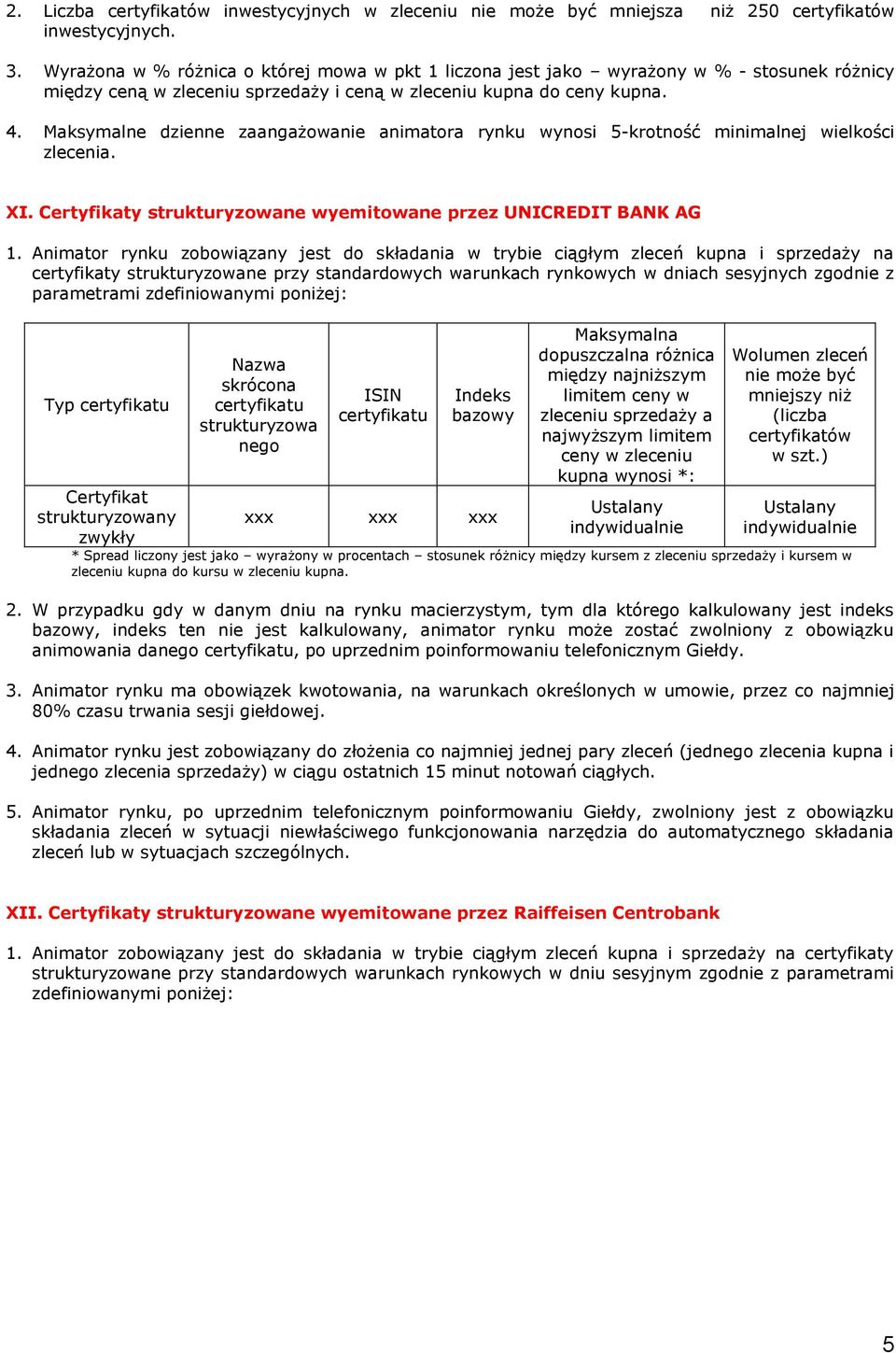 Maksymalne dzienne zaangażowanie animatora rynku wynosi 5-krotność minimalnej wielkości zlecenia. XI. Certyfikaty strukturyzowane wyemitowane przez UNICREDIT BANK AG 1.