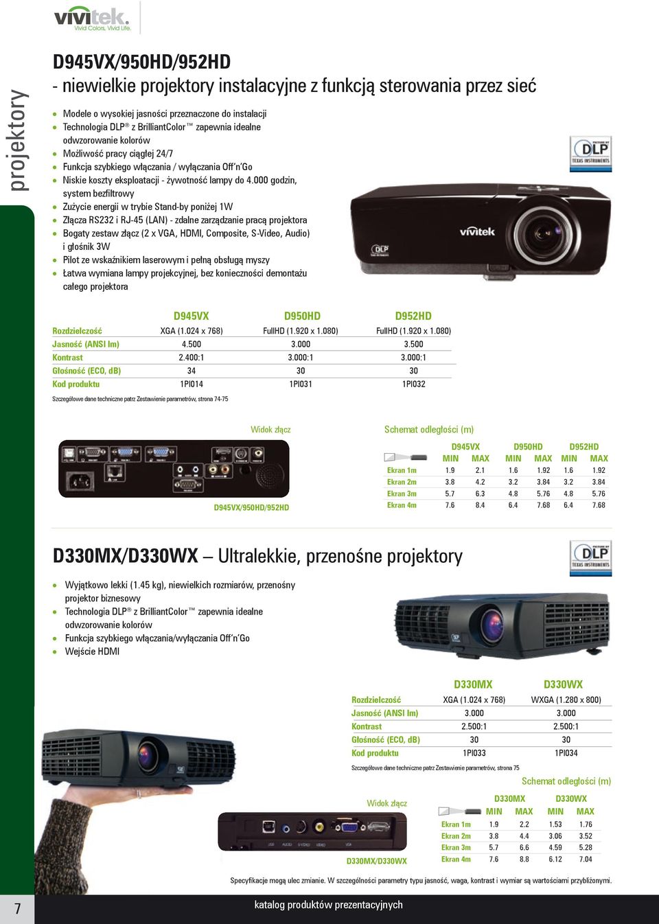 000 godzin, system bezfiltrowy Zużycie energii w trybie Standby poniżej 1W Złącza RS232 i RJ45 (LAN) zdalne zarządzanie pracą projektora Bogaty zestaw złącz (2 x VGA, HDMI, Composite, SVideo, Audio)