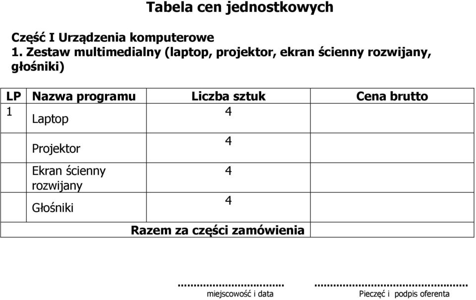 ekran ścienny rozwijany, głośniki) Laptop