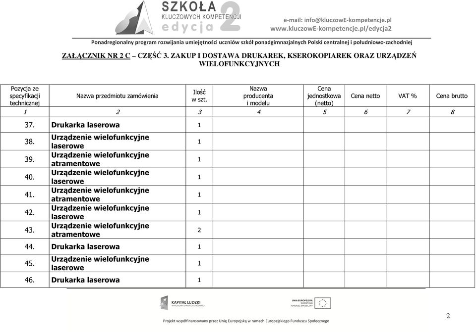 Nazwa producenta i modelu Cena jednostkowa (netto) Cena netto VAT % Cena brutto 2 3 4 5 6 7 8 37. Drukarka laserowa 38. 39. 40. 4. 42. 43.