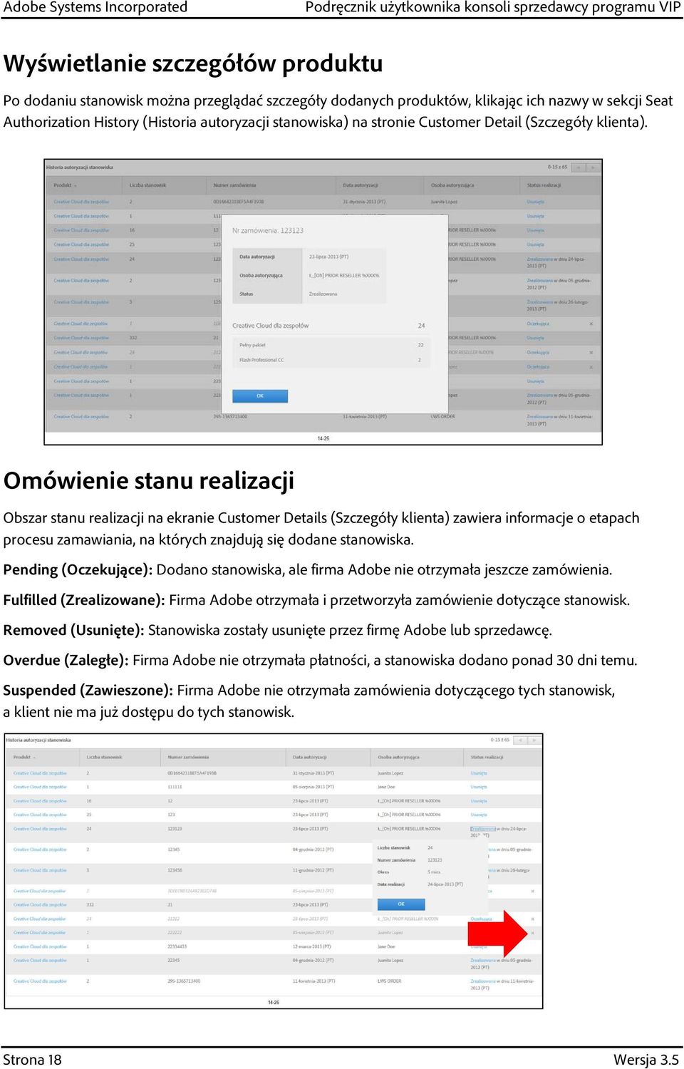 Omówienie stanu realizacji Obszar stanu realizacji na ekranie Customer Details (Szczegóły klienta) zawiera informacje o etapach procesu zamawiania, na których znajdują się dodane stanowiska.