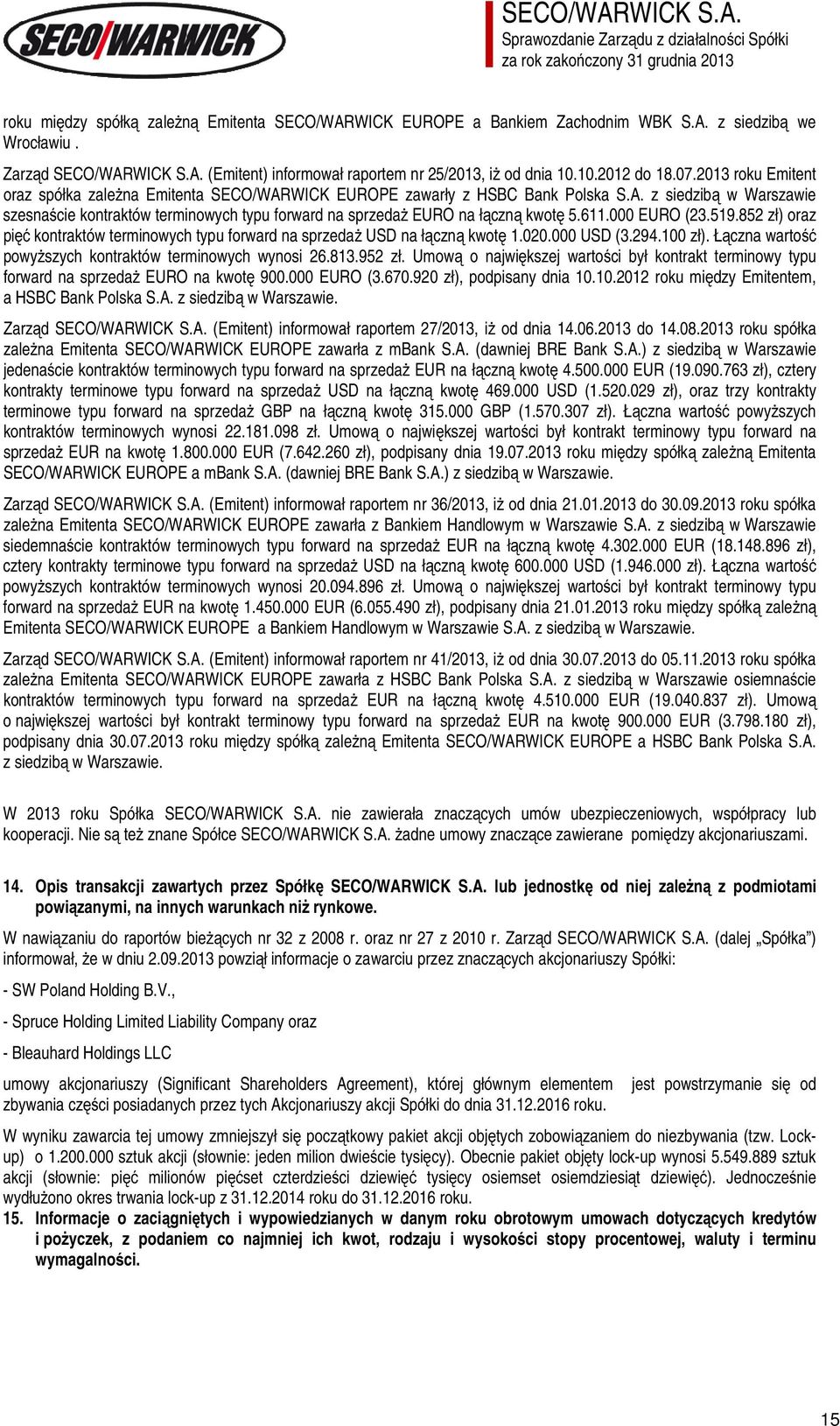 611.000 EURO (23.519.852 zł) oraz pięć kontraktów terminowych typu forward na sprzedaż USD na łączną kwotę 1.020.000 USD (3.294.100 zł). Łączna wartość powyższych kontraktów terminowych wynosi 26.813.