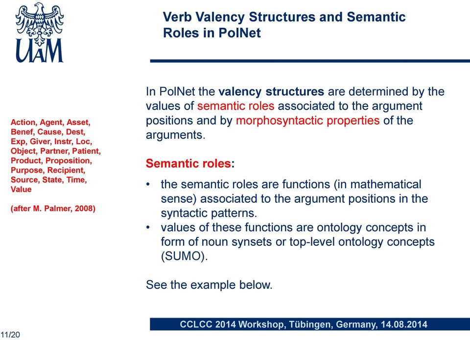 Palmer, 2008) In PolNet the valency structures are determined by the values of semantic roles associated to the argument positions and by morphosyntactic properties of
