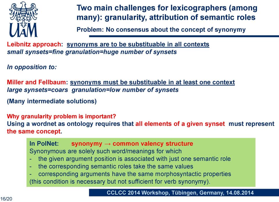 number of synsets (Many intermediate solutions) Why granularity problem is important? Using a wordnet as ontology requires that all elements of a given synset must represent the same concept.