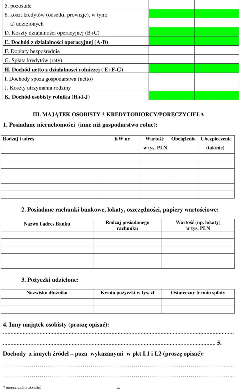 MAJĄTEK OSOBISTY * KREDYTOBIORCY/PORĘCZYCIELA 1. Posiadane nieruchomości (inne niż gospodarstwo rolne): Rodzaj i adres KW nr Wartość Obciążenia 2.