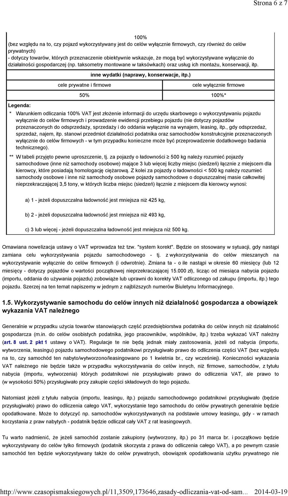 ) cele prywatne i firmowe cele wyłącznie firmowe Legenda: * Warunkiem odliczania 100% VAT jest złożenie informacji do urzędu skarbowego o wykorzystywaniu pojazdu wyłącznie do celów firmowych i