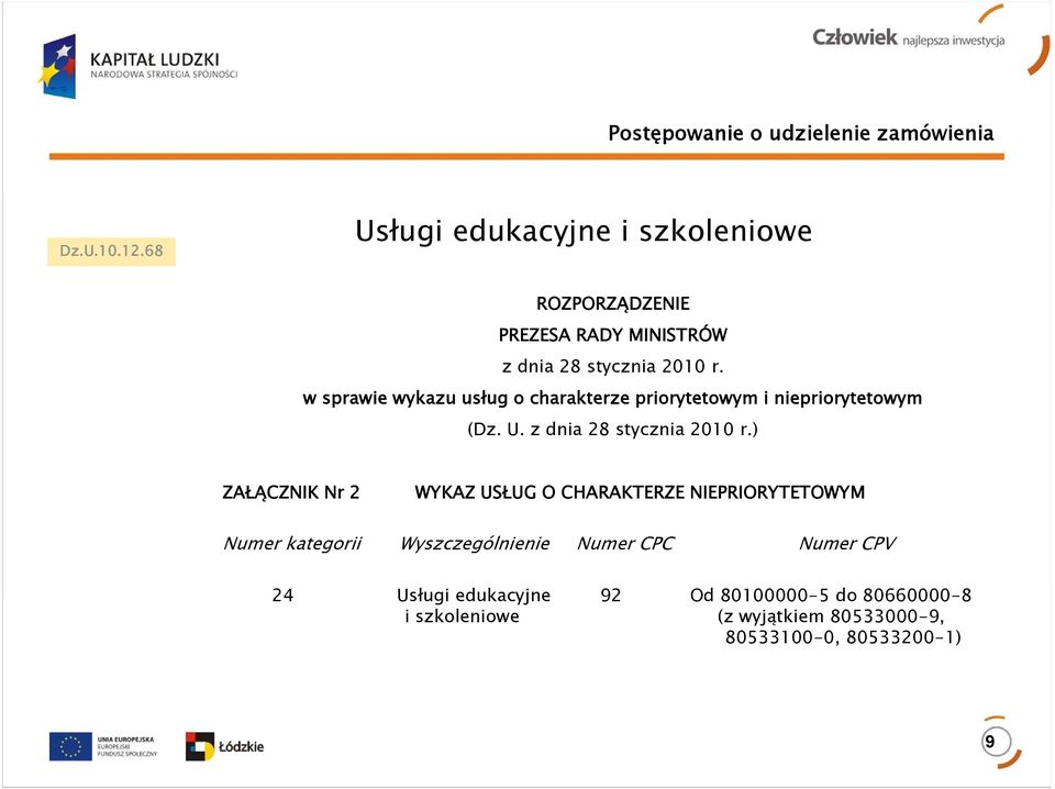 w sprawie wykazu usług o charakterze priorytetowym i niepriorytetowym (Dz. U. z dnia 28 stycznia 2010 r.