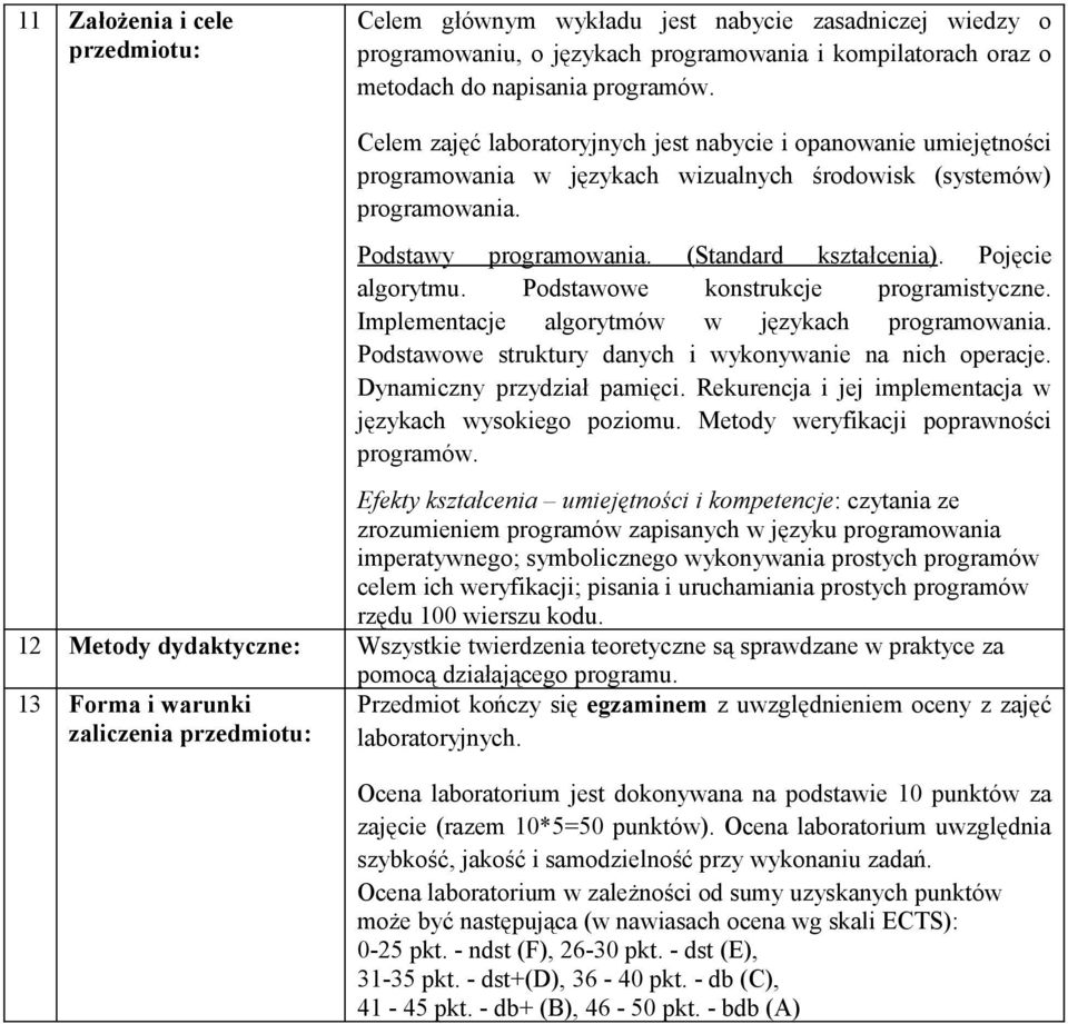 Pojęcie algorytmu. Podstawowe konstrukcje programistyczne. Implementacje algorytmów w językach programowania. Podstawowe struktury danych i wykonywanie na nich operacje. Dynamiczny przydział pamięci.