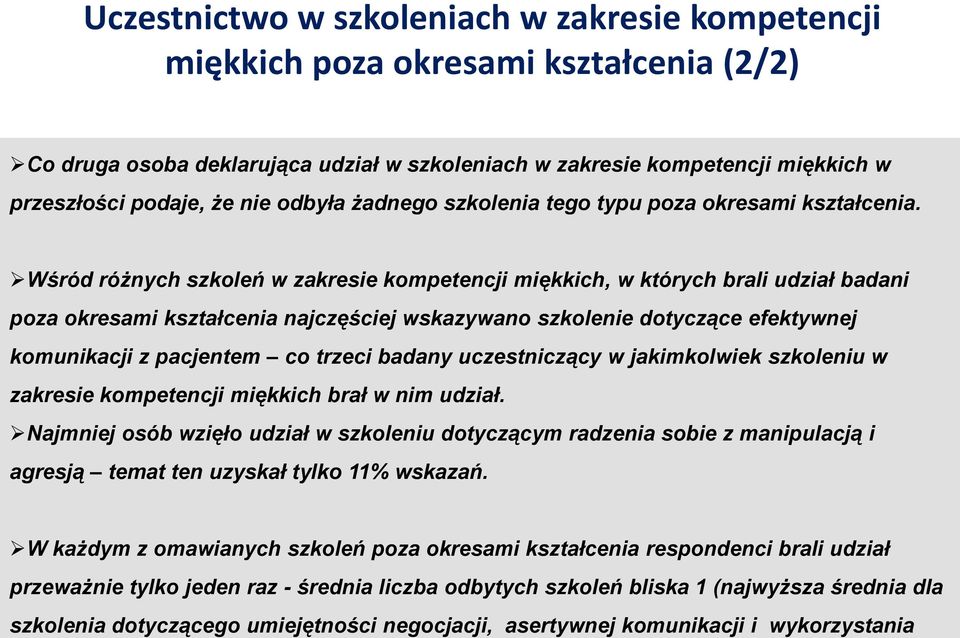 Wśród różnych szkoleń w zakresie kompetencji miękkich, w których brali udział badani poza okresami kształcenia najczęściej wskazywano szkolenie dotyczące efektywnej komunikacji z pacjentem co trzeci