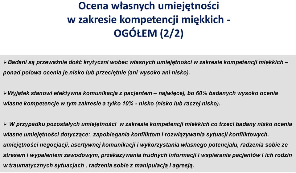 Wyjątek stanowi efektywna komunikacja z pacjentem najwięcej, bo 60% badanych wysoko ocenia własne kompetencje w tym zakresie a tylko 10% - nisko (nisko lub raczej nisko).