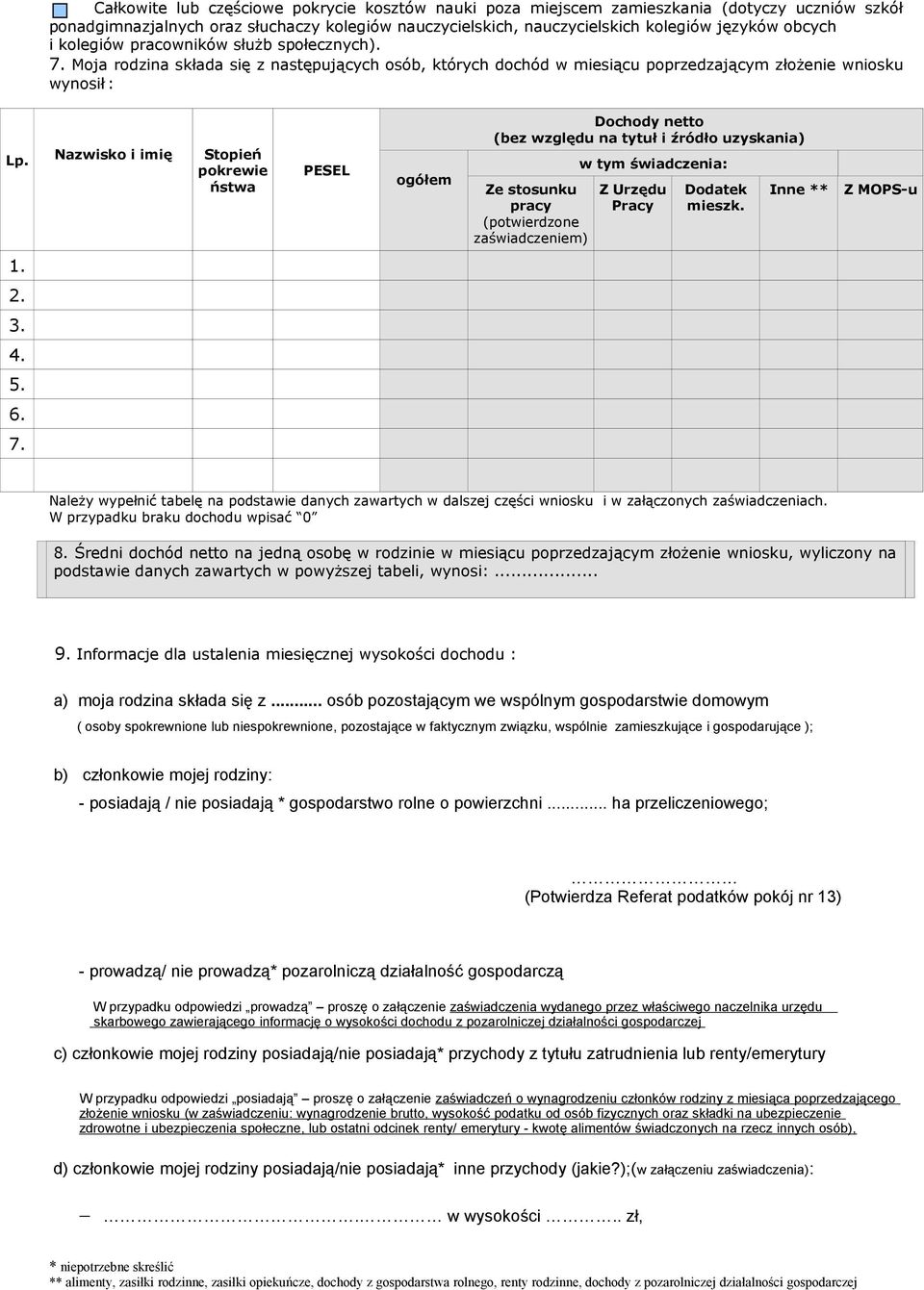 Nazwisko i imię Stopień pokrewie ństwa PESEL ogółem Dochody netto (bez względu na tytuł i źródło uzyskania) Ze stosunku pracy (potwierdzone zaświadczeniem) w tym świadczenia: Z Urzędu Pracy Dodatek