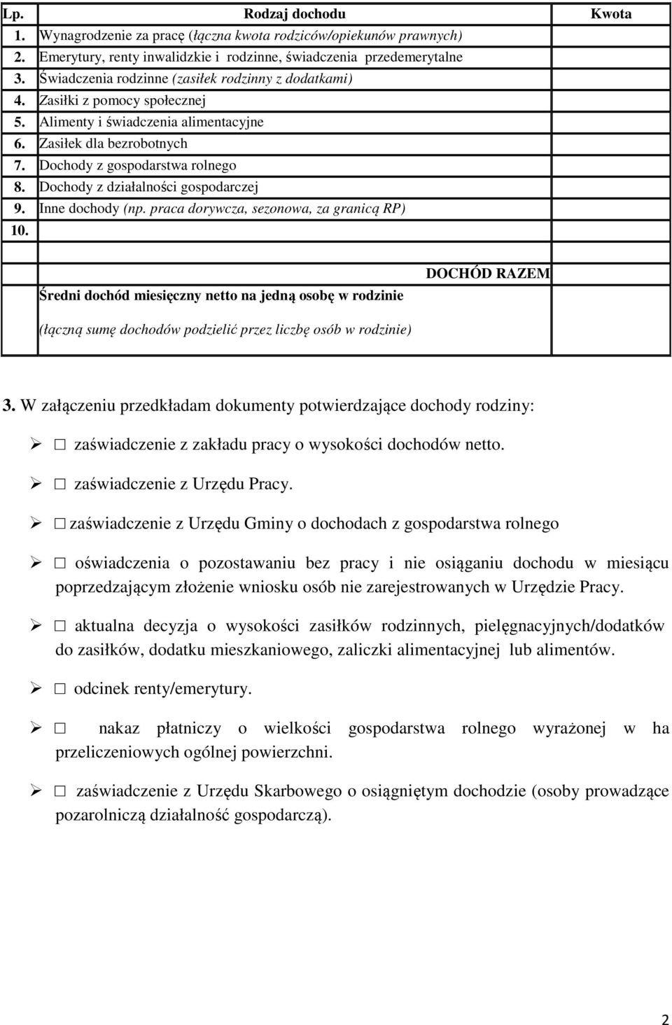 Dochody z działalności gospodarczej 9. Inne dochody (np. praca dorywcza, sezonowa, za granicą RP) 10.