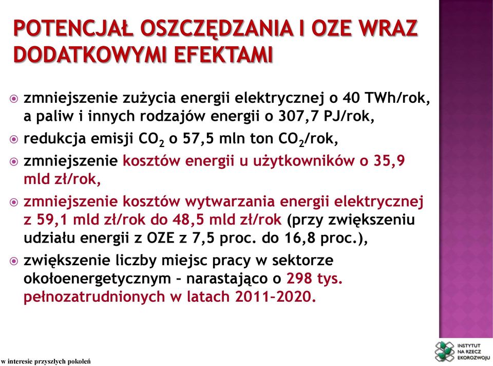 energii elektrycznej z 59,1 mld zł/rok do 48,5 mld zł/rok (przy zwiększeniu udziału energii z OZE z 7,5 proc. do 16,8 proc.