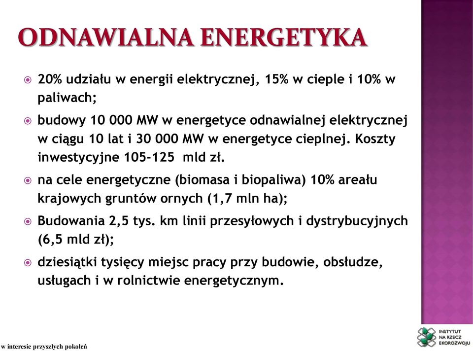 na cele energetyczne (biomasa i biopaliwa) 10% areału krajowych gruntów ornych (1,7 mln ha); Budowania 2,5 tys.