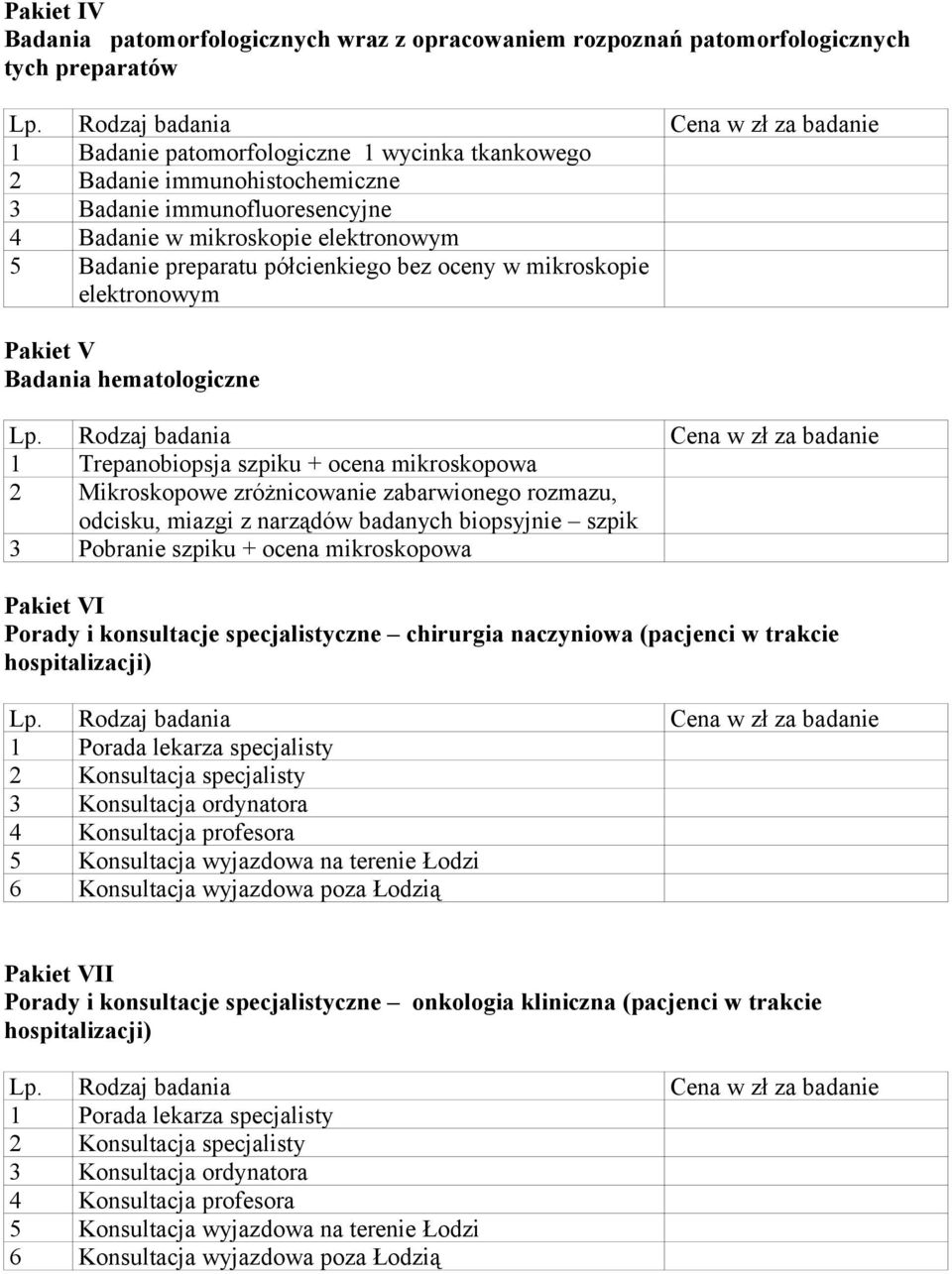 mikroskopowa 2 Mikroskopowe zróżnicowanie zabarwionego rozmazu, odcisku, miazgi z narządów badanych biopsyjnie szpik 3 Pobranie szpiku + ocena mikroskopowa Pakiet VI Porady i konsultacje