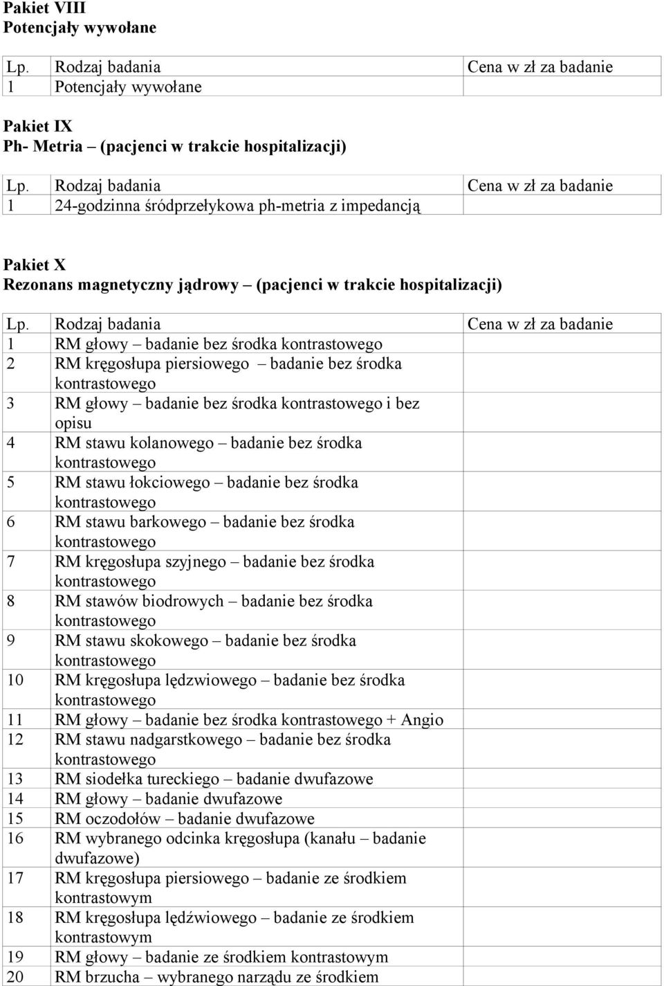 środka 5 RM stawu łokciowego badanie bez środka 6 RM stawu barkowego badanie bez środka 7 RM kręgosłupa szyjnego badanie bez środka 8 RM stawów biodrowych badanie bez środka 9 RM stawu skokowego